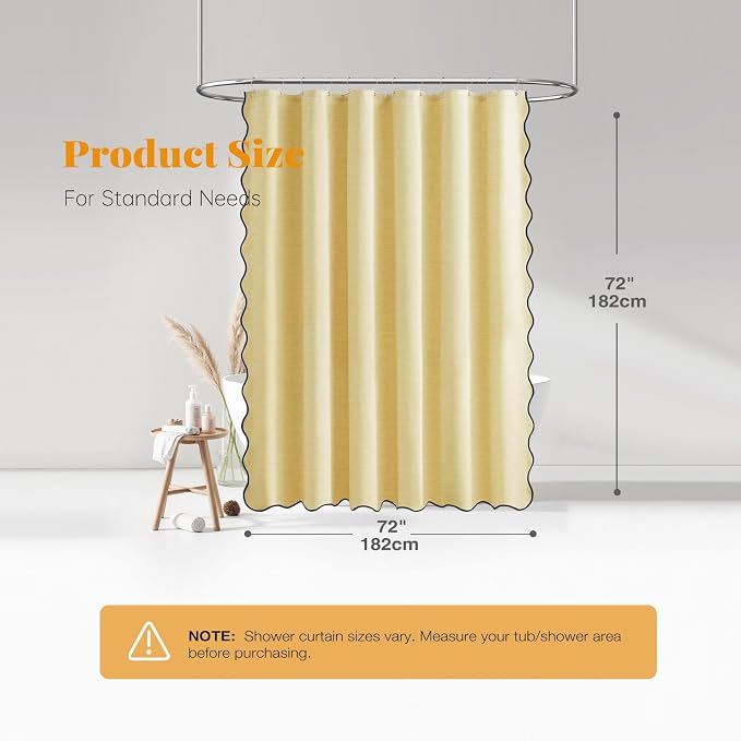 BTTN Yellow Boho Scalloped Linen Textured Cloth Shower Curtain Set, 72x72 | 230GSM Waterproof Polyester, Heavy Duty Fabric, 12 Plastic Hooks, Modern Farmhouse Style, Machine Washable, Bathroom Decor