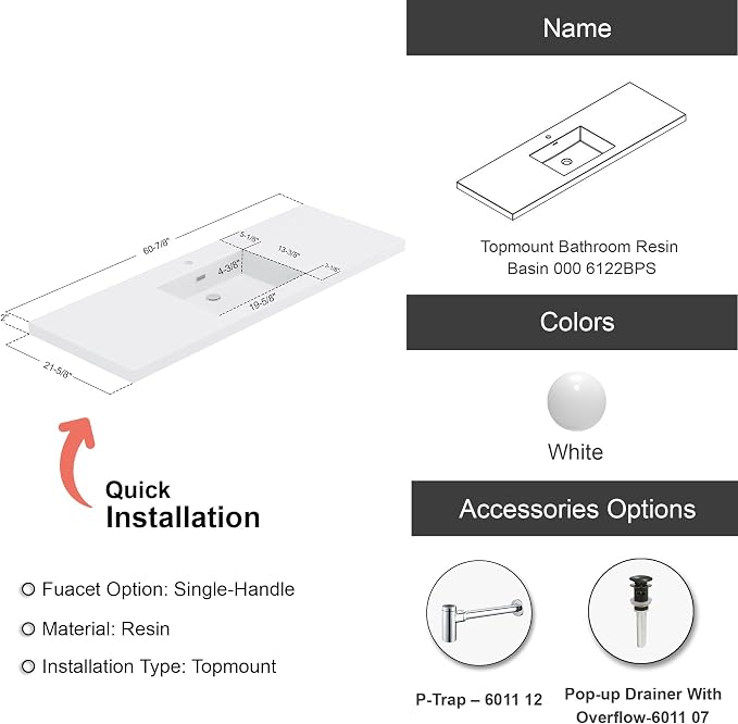 Dowell 61" Bathroom Sink,Single Bowl Vanity Basin,Rectangular Drop-In Bathroom Sink with Overflow,White-000 6122BPS