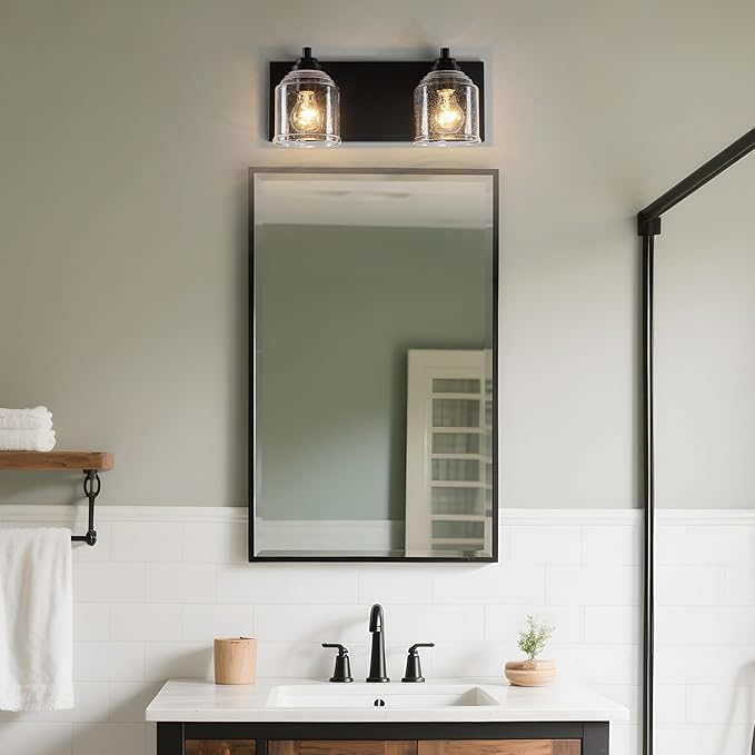 Vanity Lights for Bathroom Large 15.8", Farmhouse Rustic Vanity Light with Bubble Glass Shades, Black 2 Light Bathroom Lighting Fixtures Over Mirror, Bath Wall Sconce Home Decor