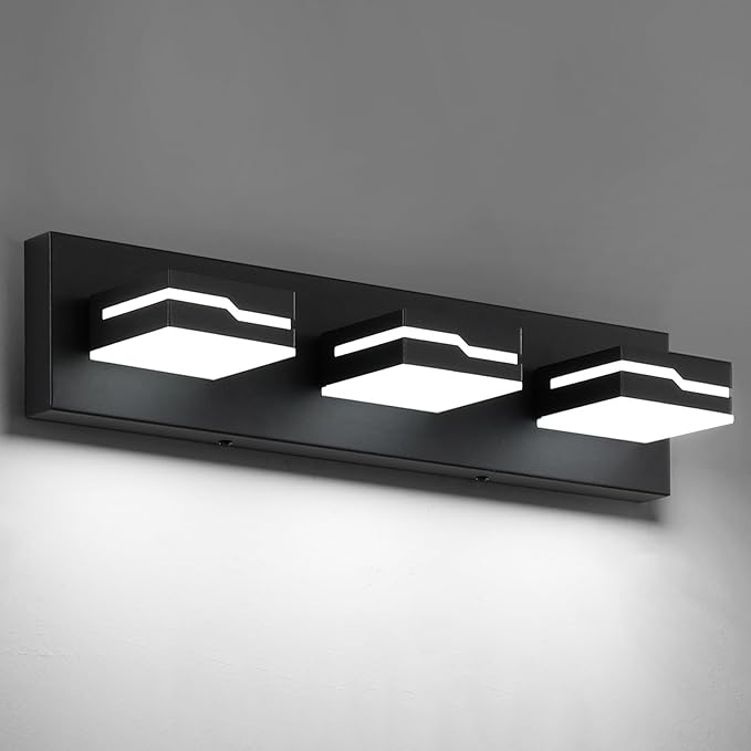 LED Modern Bathroom Vanity Light Fixtures 3-Light, 19 inch Dimmable Matte Black Vanity Lights for Bathroom Lighting Fixtures Over Mirror, with 350°Rotatable Acrylic Heads(White Light 5500K)