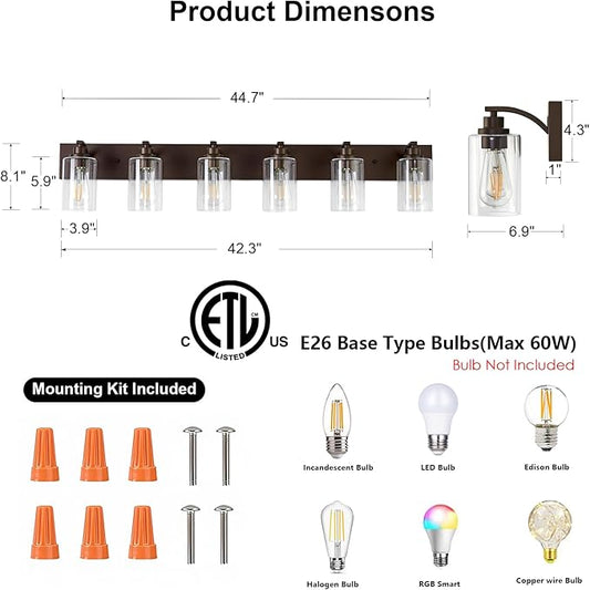 6-Light Bathroom Light Fixtures Modern ORB Vanity Lights for Bathroom Lighting Fixtures Over Mirror with Clear Glass Shade for Cabinet Mirror Bedroom Hallway
