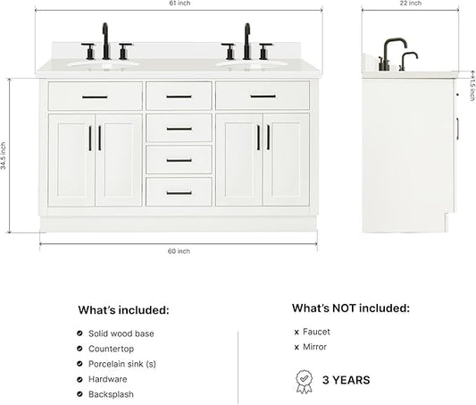 ARIEL Hepburn 60-inch Bathroom Vanity with Sink,Solid Wood, 1.5-inch Pure White Quartz Countertop & Backsplash, Double Oval Porcelain Sink, 4 Soft Closing Doors, 6 Dovetail Drawers, White