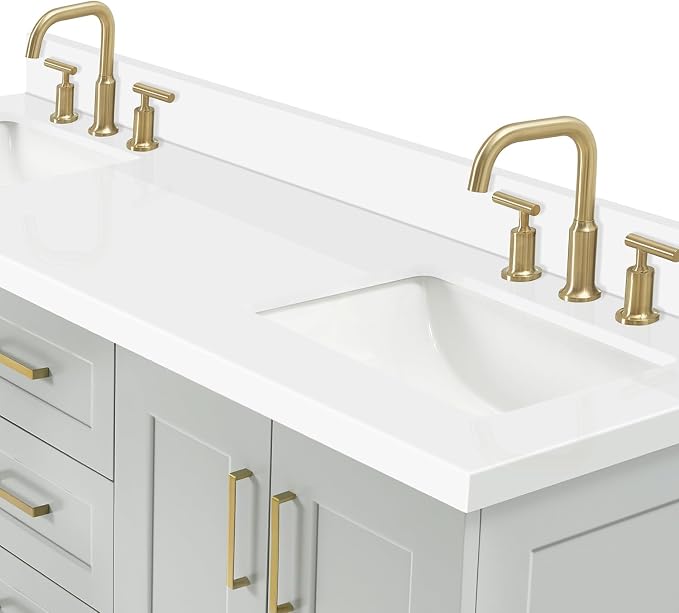 Emilia 66-Inch Grey Double Bathroom Vanity, Pure White Quartz 1.5" Countertop & 4" Backsplash, Rectangular Undermount Sinks, 4 Soft Closing Doors, 6 Dovetail Drawers, Toe Kick, Satin Brass
