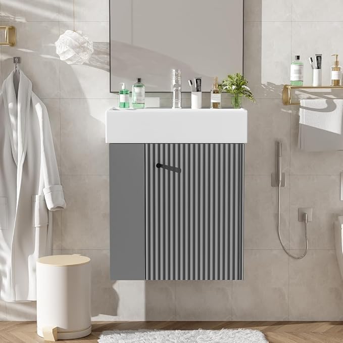 22" Small Bathroom Vanity with Sink, Floating Vanity for Bathrooms with Soft-Close Door and Open Shelf, Wall Mounted Narrow Bathroom Vanities for Compact Bathrooms (Gray,22" Floating Left Shelf)