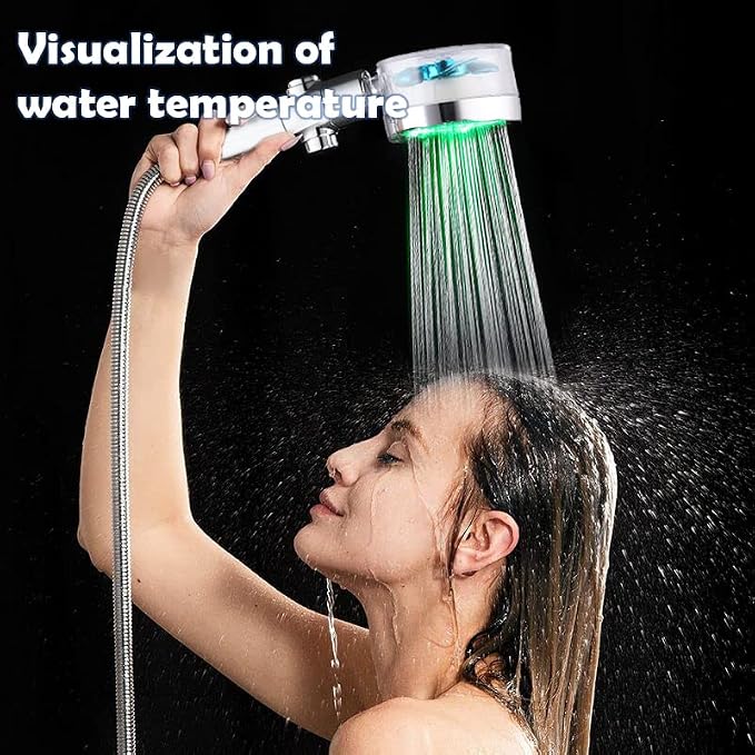 ANTOWER LED Shower Head with Handheld High Pressure Shower Heads Set with 79 Inch Shower Hose,Shower Holder,4 PP Cotton Filters,Turbo Fan Shower Water Temperature-Controlled One Key Pause Switch