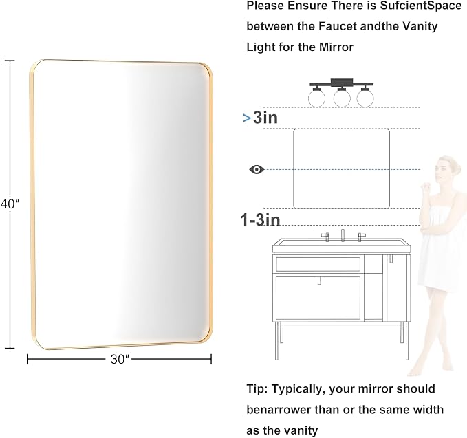 Brushed Gold Bathroom Mirror for Over Sink, 30" x 40" Framed Rectargular Wall-Mounted Bathroom Mirrors for Vanity, Decorative, Farmhouse, Restroom, Horizontally or Vertically Hanging