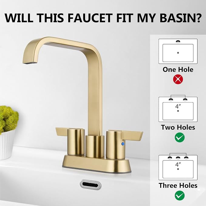 Brushed Gold Waterfall Bathroom Faucet 4 Inch Centerset,2-Handle | Stainless Steel 3-Hole Deck-Mount Design Includes Supply Lines and Pop-Up Drain for a Complete Vanity Installation