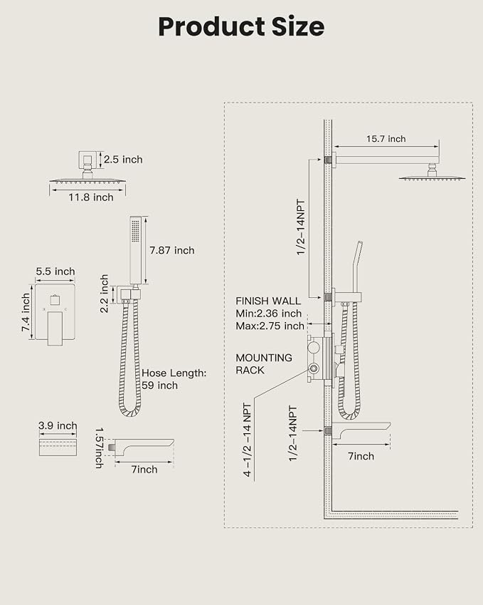 gotonovo Tub Shower Faucet Set with Valve 12'' Rain Head,Brushed Nickel | Waterfall Tub Spout Shower System,Bathtub Faucet Set,SUS304 Rain Head with Handheld,Brass Valve Trim Kit,All Metal,Wall Mount