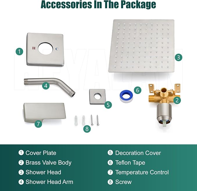 Heyalan 8-Inch Square Rain Shower Faucet Set with Valve, Brushed Nickel | SUS304 stainless steel shower head, male NPT 1/2-inch valve, single-handle control, adjustable angle, 1.8 GPM