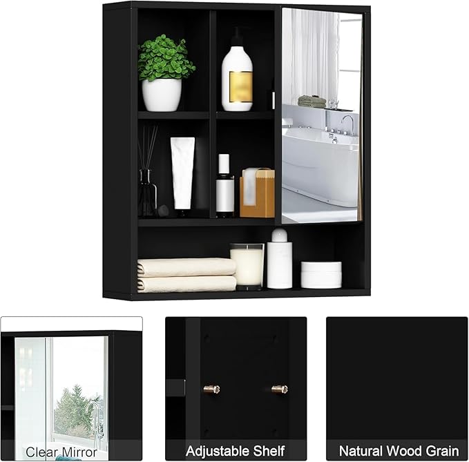 ChooChoo Bathroom Wall Mirror Cabinet, Medicine Cabinet with Single Door and Adjustable Shelf, Over The Toilet Space Saver Storage Cabinet, Black