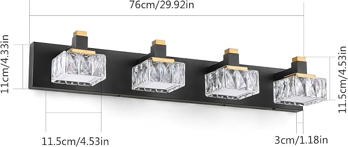 Bathroom Vanity Lights Over Mirror,4-Light Dimmable 5CCT Led Vanity Lights Black Gold Crystal Wall Sconce Lighting 29.92 inches Modern Vanity Light for Bathroom,Bedroom,Living room(3000K-6000K)