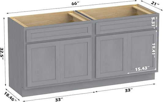 Vanity Art 66 Inch Bathroom Base Cabinet Only, Double Sink Top (Not Include Sink) with Door & Soft Close Hinge, Unassembled Floor Cabinet, Smoke Grey, 2ea 33 Inch Combo
