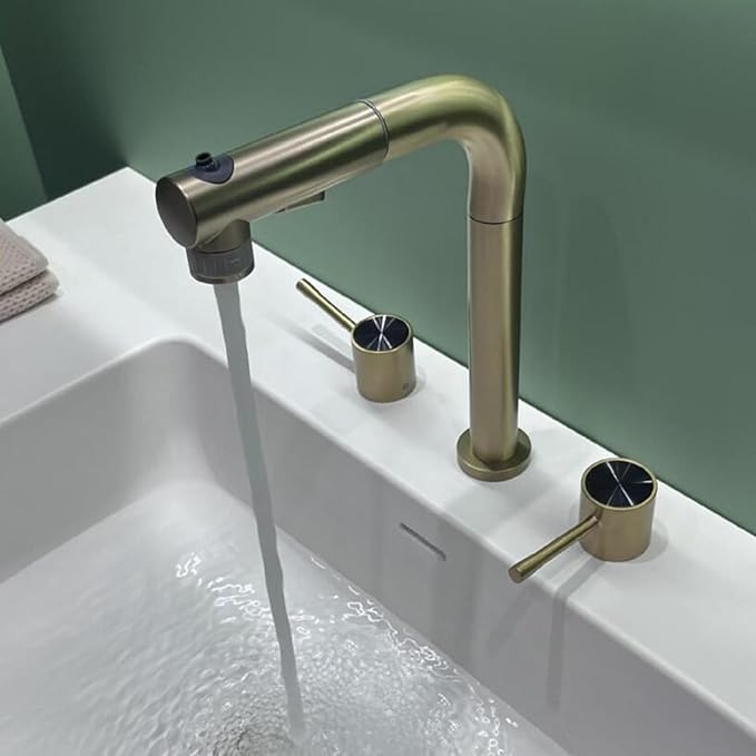 3 Hole Basin Faucets Pull Out Basin Mixer Faucet Brass-Brushed Gold