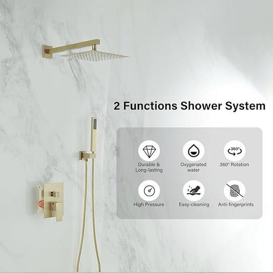 BWE 10 Inch Brushed Gold 2-Faction Wall Mounted Bathroom Shower System Set | Brass and Stainless Steel,Rainfall Shower Head,Handheld Shower Head,Pressure Balance Valve,Escutcheon Plate,Hotel,Bath Center