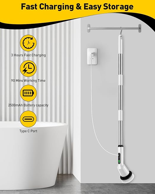 Electric Spin Scrubber for Bathroom, Shower Scrubber with Long Handle | Shower Cleaner Brushes, IPX7 Waterproof & 2 Speed, 8 Brush Heads, 90min Runtime, Bathroom Cleaning Supplies for Toilet Tub