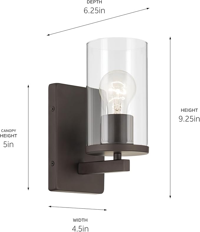 Crosby 4.5" 1-Light Wall Sconce with Clear Glass in Olde Bronze, for Bathroom, Powder Room, Hallway, Kitchen, Bedroom, Fireplace, (4.5" x 9.25"), 45495OZCLR