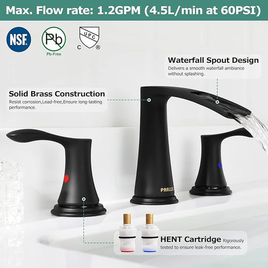 PARLOS Waterfall Widespread Bathroom Faucet Two Handles with Metal Pop Up Drain & cUPC Faucet Supply Lines, Matte Black, Demeter 1431804