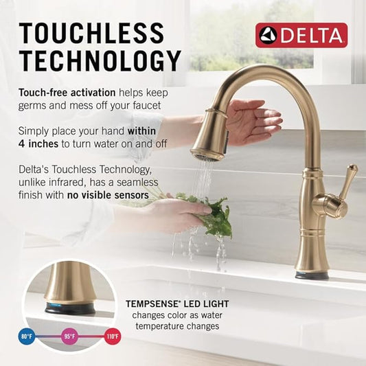 Delta Cassidy Touchless Kitchen Faucet with Touch Technology, Brushed Gold Kitchen Sink Faucet with Pull Down Sprayer, Single Hole, Lumicoat Champagne Bronze 9197TL-CZ-PR-DST
