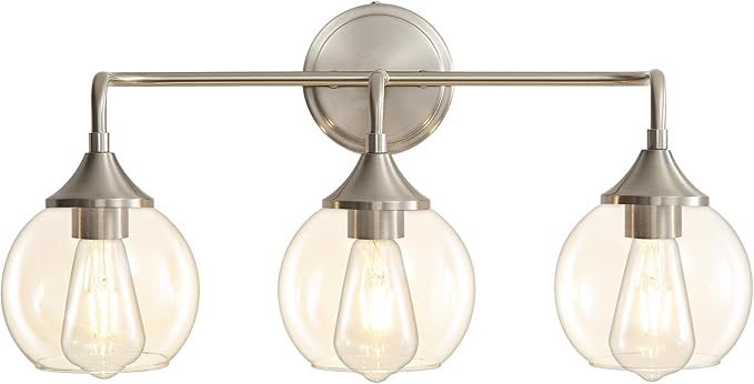Bathroom Light Fixtures 3-Light Brushed Nickel Vanity Light 31" | Farmhouse Vanity Lighting Fixtures Over Mirror, Thickened Clear Glass Shade, UL E26 Dimmable Vanity Light Fixtures
