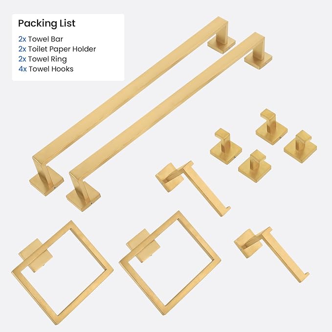 10 PCS Bathroom Hardware Accessories Set 23.6 Inch Stainless Steel Bath Towel Bar Set Square Towel Ring Set for Bathroom Wall Mounted, Gold