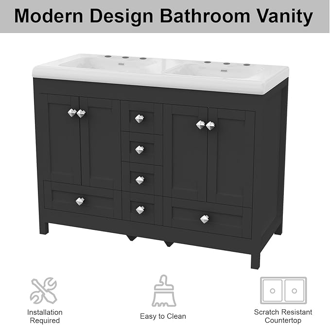 46.7 inch Bathroom Sink Vanity Combo, Large Freestanding Double Bath Vanity Sink Set with 2 Cabinets & 6 Drawers, Dual Basin Modern Bathroom Storage Cabinet, Black