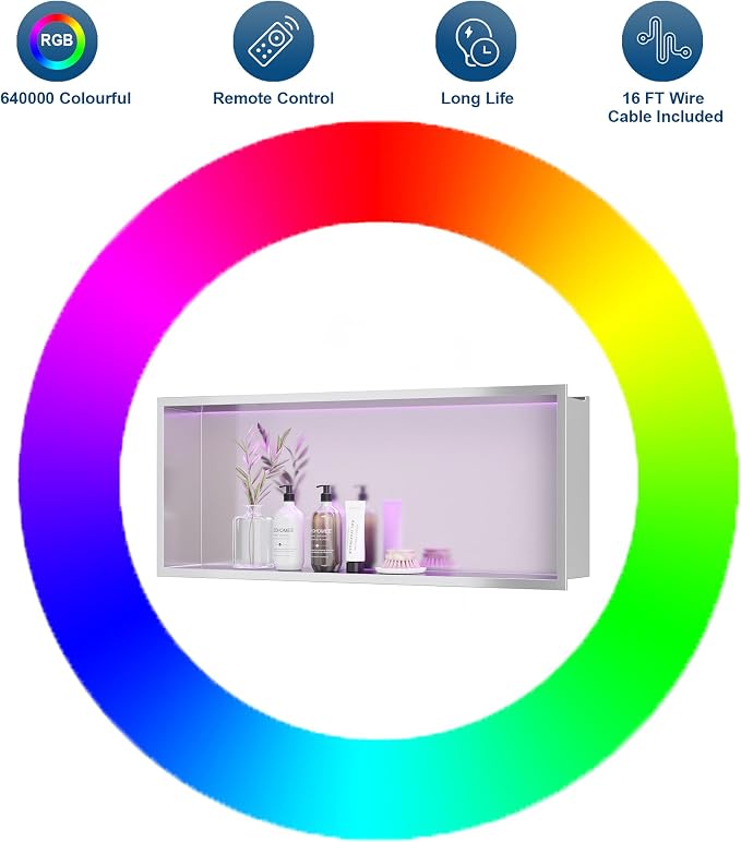 30X12 RGB Shower Niche Waterproof Brushed Nickel Stainless Steel LED Recessed Wall Niche for Shower, Tile-Ready Bathroom Wall Niche Light Kit with Remote Control