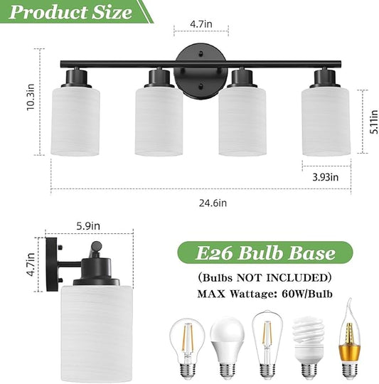4-Light Bathroom Light Fixtures, Black Vanity Lights for Mirror with Textured Milky White Glass Shade, Modern Kitchen Light Fixtures Wall Sconce Light - E26 Base