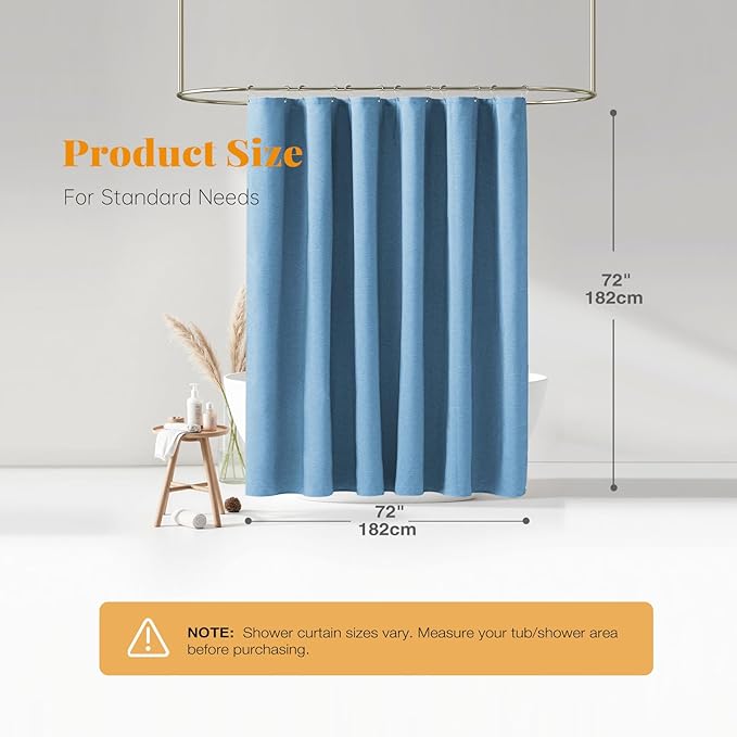 Moonlight Blue Linen Textured Waterproof Fabric Shower Curtain, 72x72 | 230GSM Polyester, Heavy Duty Cloth, Weighted Hem, 12 Plastic Hooks, Modern Hotel Style, Machine Washable, Bathroom Decor