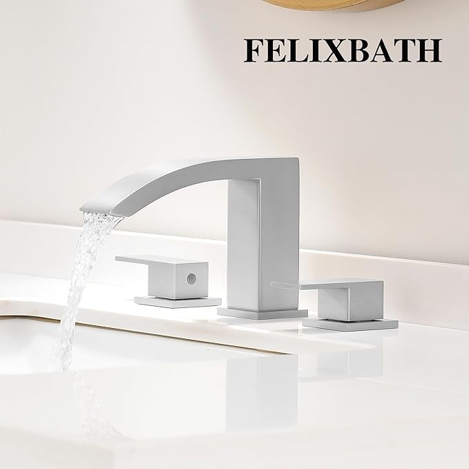 Waterfall Bathroom Faucets Brushed Nickel, 3 Hole Bathroom Sink Faucet, 8 inch Widespread Bathroom Sink Faucet with Pop Up Drain, 2 Handles Modern Vanity Faucet with Supply Lines