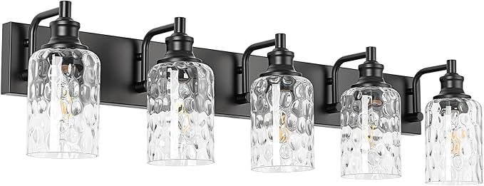 Bathroom Light Fixtures Over Mirror, 5 Lights Vanity Lights with Hammered Glass Shade, 37" Matte Black Farmhouse Bathroom Light Fixtures for Bedroom, Porch, Hotel, Mirror Cabinet