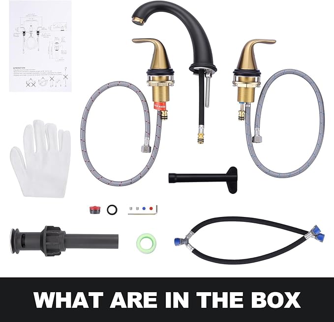 Aleasha Bathroom Sink Faucet 3 Holes Black Gold, Widespread Bathroom Faucet, Washroom Faucets with Pop Up Drain, Washroom Sink Faucets with 304 Stainless Steel Lead-Free Hose