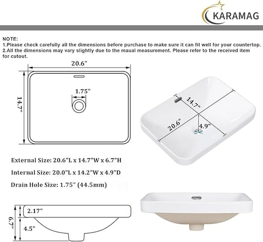 Bathroom Vessel Sink 20.6'' x 14.7'' Semi Recessed Bathroom Sink Rectangular Drop-in Vanity Sink with Overflow White Ceramic Modern Art Basin