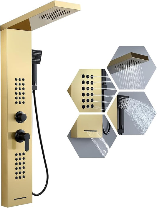 4 in 1 Rainfall Shower Panel Tower with Powerful Body Jets, Gold | High Pressure Stainless Steel Shower Column with Flexible Handheld, Waterfall Tub Spout, Adjustable Waterflow