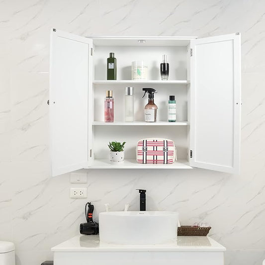 27.6in Length Bathroom Cabinet Wall Mounted,Over Toilet Storage Cabinet with 2 Doors and Adjustable Shelves,Wood Medicine Cabinet for Bathroom, White