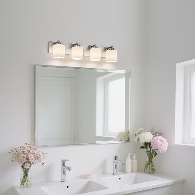 mirrea 4-Light Brushed Nickel Bathroom Vanity Light with White Glass Shades | makeup vanity illumination grooming station light over-sink wall lamp renovate remodel refresh decorate