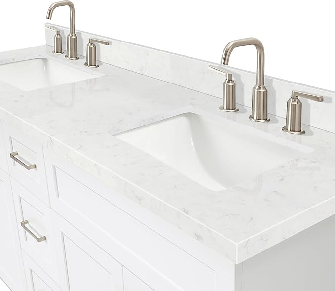 DKB Bradford 72 Inch Bathroom Vanity Double Sink — White Bathroom Vanity with Sink, 1.5" Edge Carrara White Countertop & Backsplash, 4 Soft-Close Doors, and 3 Dovetail Drawers