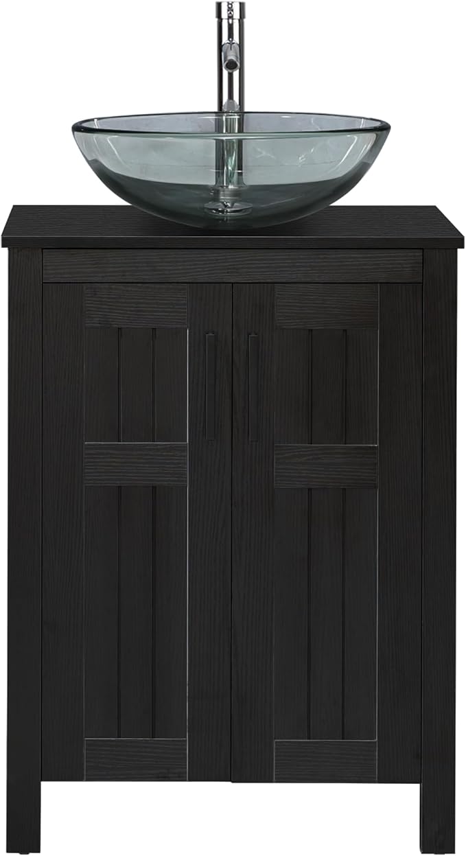UEV Black 24" Bathroom Vanity with Sink Combo,Modern Vanity with Vessel Sink,Stylish Bathroom Vanity Cabinet,Grooved Doors & Metal Handles,Modern Glass Round Bowl Tempered Glass Vessel Sink(A16)