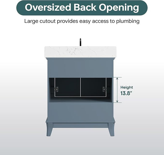 30 Inch Bathroom Vanity with Sink, Fully Assembled Bathroom Vanities with Quartz Countertop & Backsplash, 30 Inch Vanity with Sink, Soft Closing Doors & Dovetail Drawer, Steel Blue