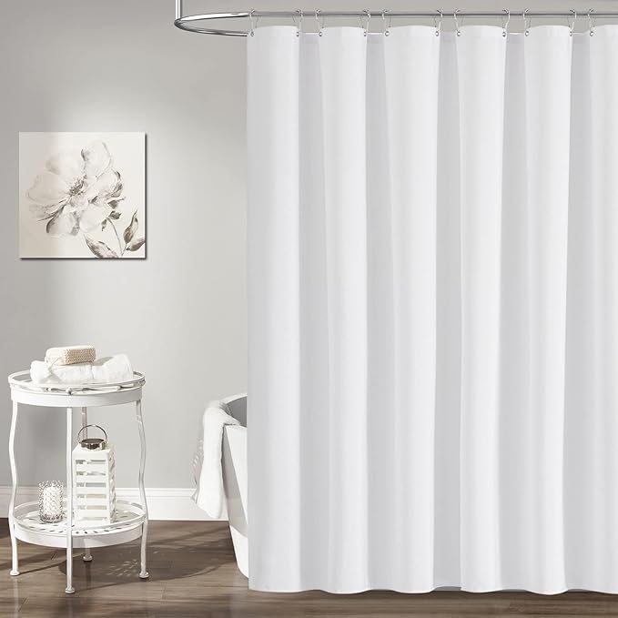 72x80 Linen Textured Waterproof Thick Fabric Shower Curtain Set, White | Long Size, 230GSM Polyester, Heavy Duty Cloth, Weighted Hem, 12 Plastic Hooks, Modern Luxury Hotel Style, Machine Washable