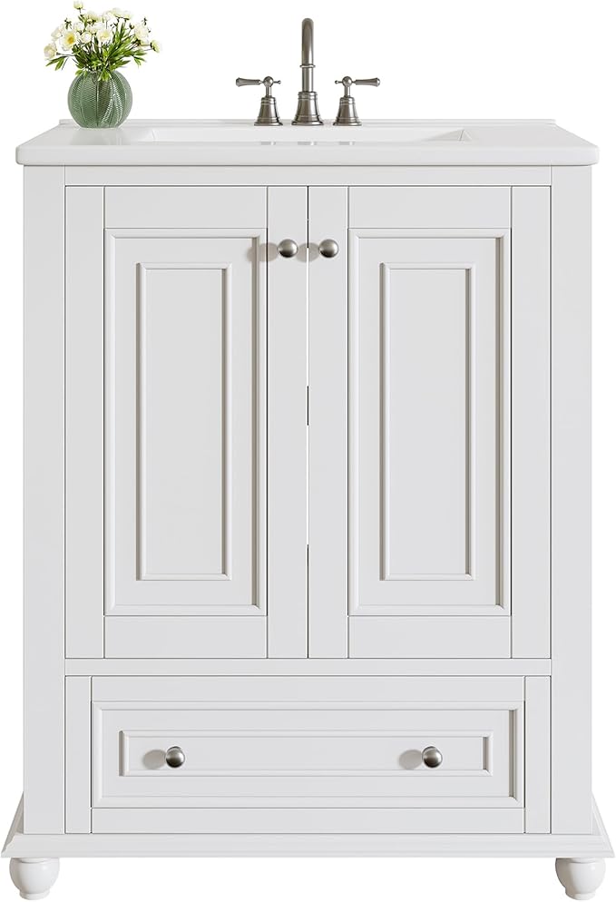 Tribesigns 24" Bathroom Vanity with Ceramic Sink Combo, Freestanding Bathroom Storage Vanity Cabinet with 2 Doors & 1 Drawer, Solid Wooden Frame & Coated Surface, Metal Handle, White