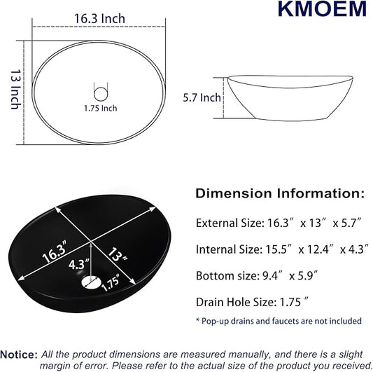 Vessel Sink 16"x13" Oval Bathroom Sink Modern Black Porcelain Ceramic Above Counter Drop-in Vanity Sink for Bathrooms Art Basin