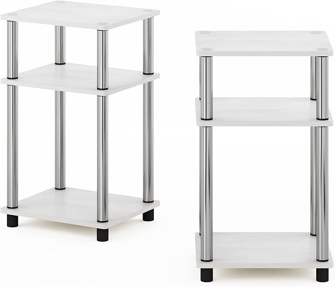Furinno JUST Toolless 3-Tier Side Table Set of 2, Open Shelf, White Oak | Stainless Steel Frame, End Tables, Night Stand, Nightstand, for Living Room, Bedroom