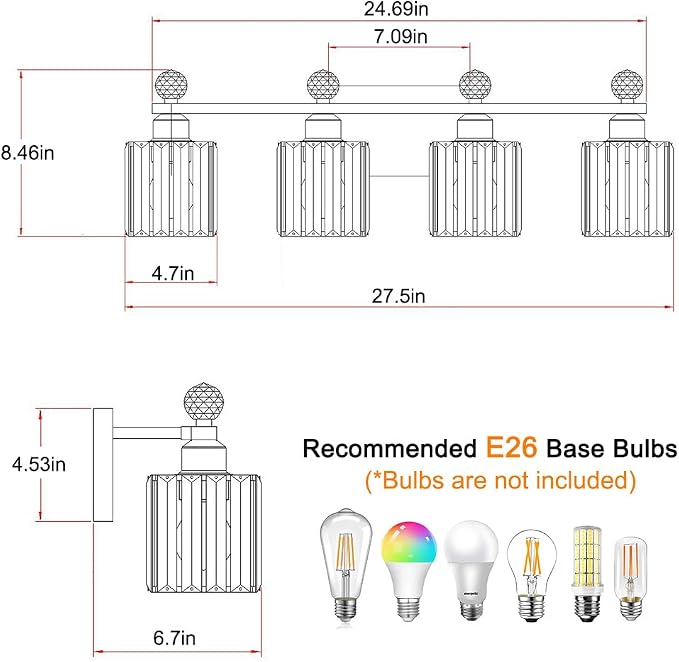 Lxybcce Bathroom Vanity Lights Over Mirror - Easy Installation with Clear Guide, 4-Light Shadow-Free Design, Chrome Crystal Finish - for Modern Home Bathroom Lighting Fixtures in DIY Projects