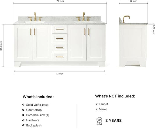 ARIEL Taylor 72-inch Bathroom Vanity with Sink,Solid Wood, 0.75-inch Italian Carrara Marble Countertop, Double Rectangular Porcelain Sink, 4 Soft Closing Doors, 6 Dovetail Drawers, White