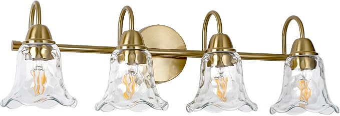 Bathroom Light Fixtures Over Mirror, 4 Lights Vintage Wall Sconces with Hammered Glass Shade, 26.8" Gold Bathroom Wall Light Fixtures for Bedroom, Porch, Hotel, Mirror Cabinet