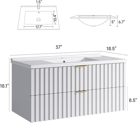 ONBRILL 36 Inch Bathroom Vanity with Sink Combo, Floating Bathroom Vanity with 2 Fluted Drawers & Metal Handle, Modern Wall Mount Storage Cabinet with Ceramic Integrated Sink for Small Space (White)