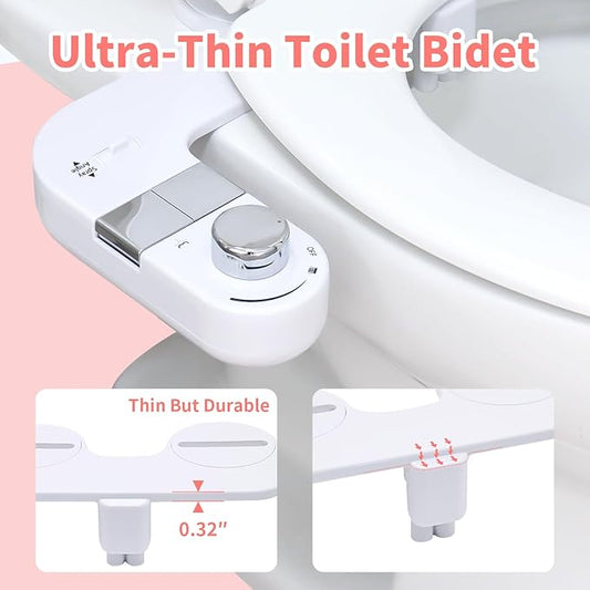 Bidet Attachment for Toilet,Dual Nozzle Bidet Toilet Seat,Non-Electric Ultra-Thin Bidets for Frontal & Rear Wash, Adjustable Water Pressure,Fresh Water Bidet, Easy Installation,White