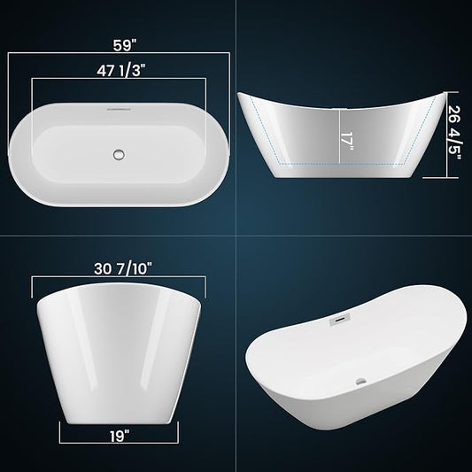 Freestanding Bathtub 59 Inch Modern Acrylic Free Standing Tub 59 Inch, Acrylic Stand Alone Tub with Chrome Drain & Overflow, Freestanding Tub for Home Spa Relaxation