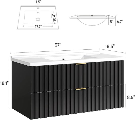ONBRILL 36 Inch Bathroom Vanity with Sink Combo, Floating Bathroom Vanity with 2 Fluted Drawers & Metal Handle, Modern Wall Mount Storage Cabinet with Ceramic Integrated Sink for Small Space (Black)