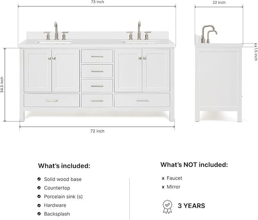 Beckford 72 Inch Bathroom Vanity Double Sink — White Bathroom Vanity with Sink, 1.5" Edge Pure White Quartz Countertop & Backsplash, 4 Soft-Close Doors, 6 Dovetail Drawers